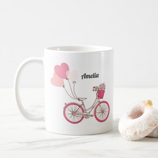 Roze Fiets en Hartballonnen Gepersonaliseerde Mok (Met donut)