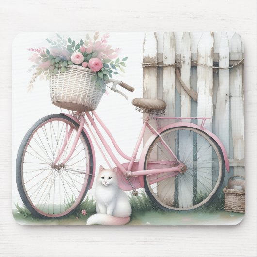Roze fiets en witte kat muismat (Voorkant)