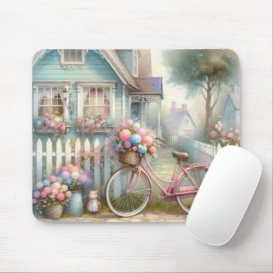 Roze fiets met bloemen bij het hek van het blauwe  muismat