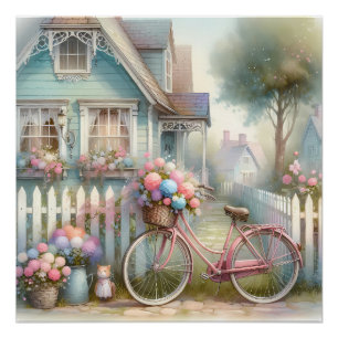 Roze fiets met bloemen bij het hek van het blauwe perfect poster