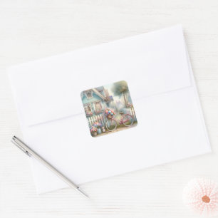 Roze fiets met bloemen bij het hek van het blauwe  vierkante sticker
