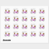 Roze fiets met mand bloemen ronde sticker (Vel)