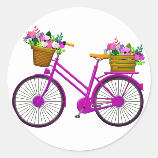 Roze fiets met mand bloemen - ronde sticker (Voorkant)
