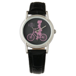 Roze fiets op zwart monogram horloge