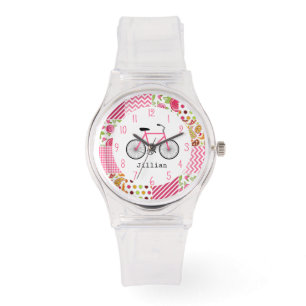 Roze Fiets & Patchwork Patroon Horloge
