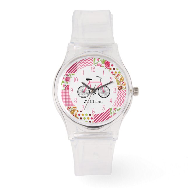 Roze Fiets & Patchwork Patroon Horloge (Voorkant)