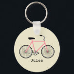 Roze fiets Sleutelhanger<br><div class="desc">Een sleutelhanger met een afbeelding van een roze fiets. Personaliseer met jouw naam onder de fiets.</div>