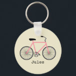 Roze fiets Sleutelhanger<br><div class="desc">Een sleutelhanger met een afbeelding van een roze fiets. Personaliseer met jouw naam onder de fiets.</div>