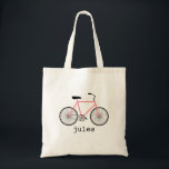 Roze fiets, speciale tas<br><div class="desc">Een tas met een foto van een roze meloen fiets.  Personaliseer met jouw naam onder de fiets.</div>