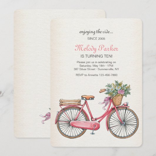 Roze fietsenuitnodiging kaart (Voorkant / Achterkant)