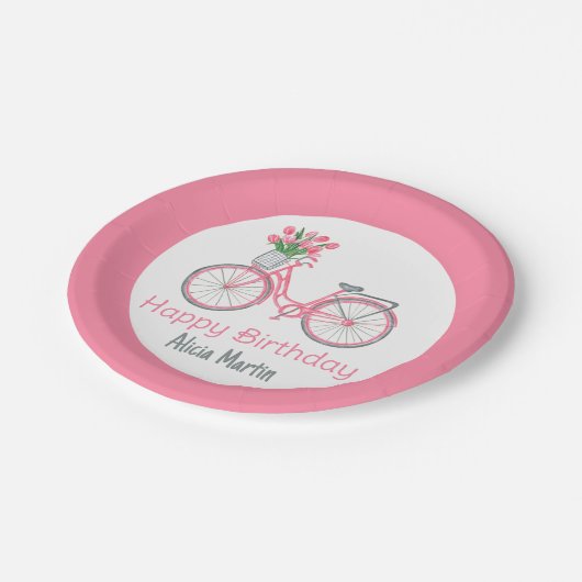 Roze Fietsmand Tulp Bloem Elke leeftijd Verjaardag Papieren Bordje (Gekanteld)
