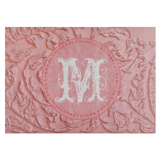 Roze filigraan hout monogram glas snijplank (Voorkant)