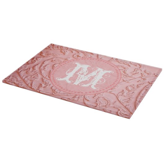 Roze filigraan hout monogram glas snijplank (Hoek)