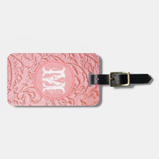 Roze filigraan houtsnijwerk monogram Bagagelabel (Voorkant horizontaal)