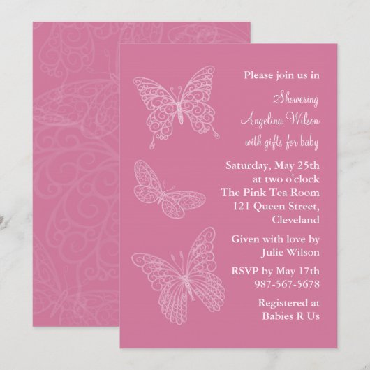 Roze Filigree Butterflies Kaart (Voorkant / Achterkant)