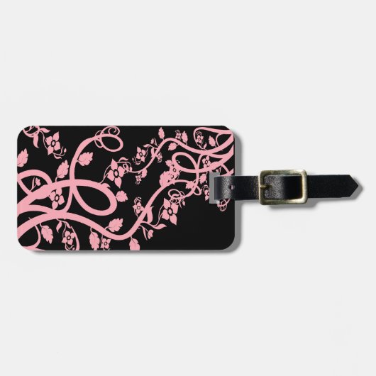 Roze Filigree en bloemen over zwarte Sjabloon Bagagelabel (Voorkant horizontaal)