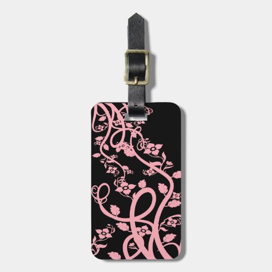Roze Filigree en bloemen over zwarte Sjabloon Bagagelabel (Voorkant verticaal)