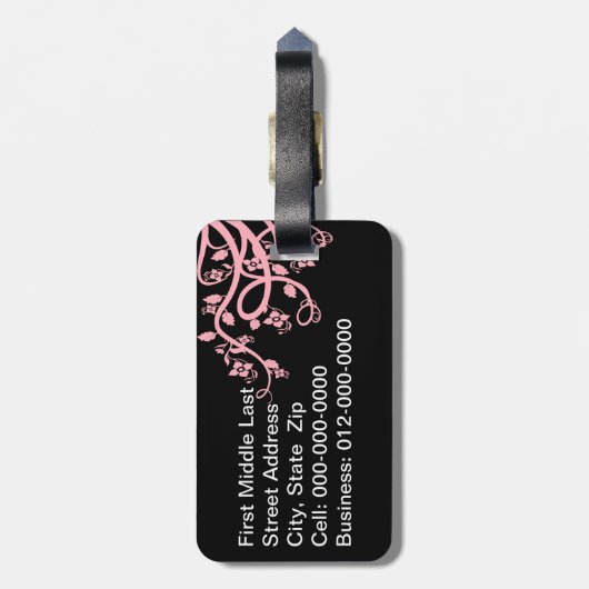 Roze Filigree en bloemen over zwarte Sjabloon Bagagelabel (Achterkant verticaal)
