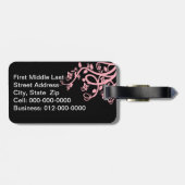 Roze Filigree en bloemen over zwarte Sjabloon Bagagelabel (Achterkant horizontaal)