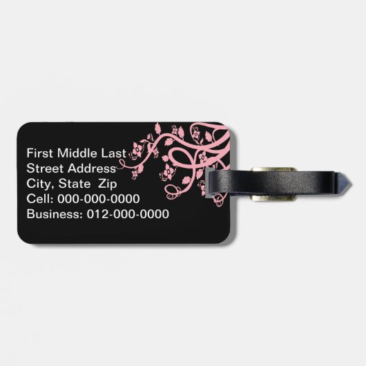 Roze Filigree en bloemen over zwarte Sjabloon Bagagelabel (Achterkant horizontaal)