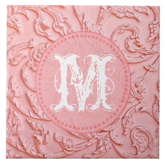 Roze Filigree Wood Carving Monogram Display Tile Tegeltje (Voorkant)