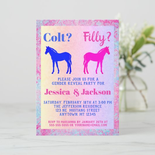 Roze filly & Blue Colt Western Stijl Geslacht Kaart (Staand voorkant)