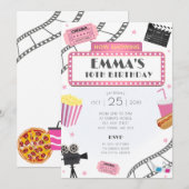 Roze Film Night Verjaardagsfeest Uitnodiging Cinem (Voorkant / Achterkant)