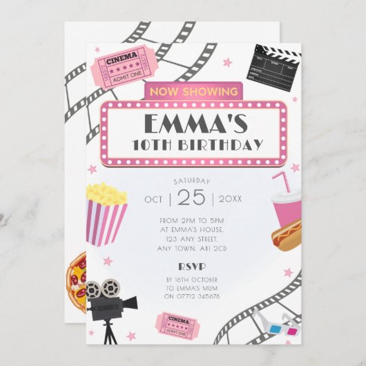 Roze Film Night Verjaardagsfeest Uitnodiging Cinem (Voorkant / Achterkant)