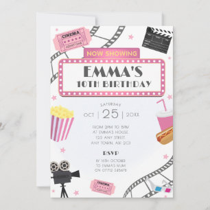 Roze Film Night Verjaardagsfeest Uitnodiging Cinem
