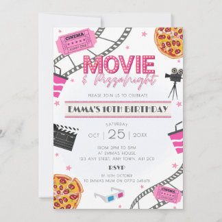 Roze Film & Pizza Nacht Verjaardagsfeest Uitnodigi Kaart
