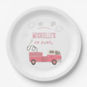 Roze Firetruck Verjaardag Papieren Bordje (Voorkant)