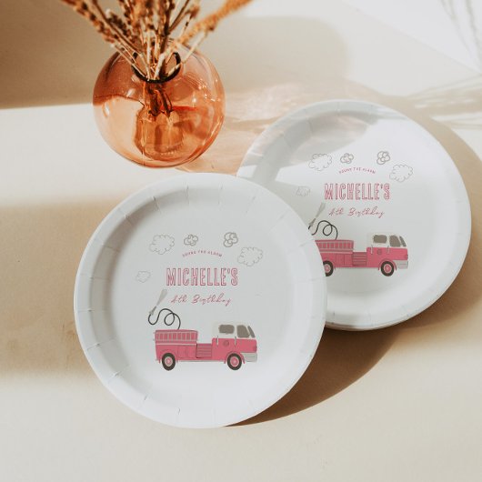 Roze Firetruck Verjaardag Papieren Bordje