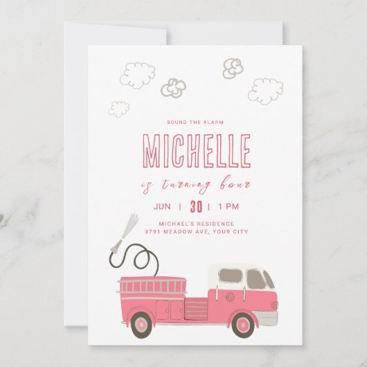Roze Firetruck Verjaardag Uitnodiging (Voorkant)