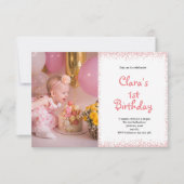 Roze First Birthday Baby Girl Fotouitnodiging (Voorkant)