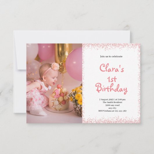 Roze First Birthday Baby Girl Fotouitnodiging (Voorkant)