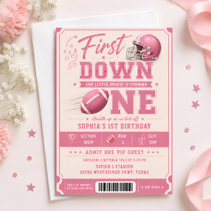 Roze First Down One Voetbal 1e Verjaardag Kaart
