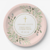 Roze First Holy Communion met groen Papieren Bordje (Voorkant)