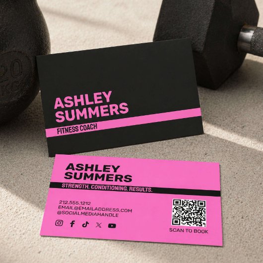 Roze Fitnesscoach met pit Visitekaartje