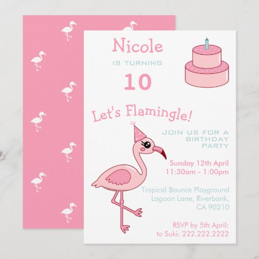 Roze Flamingo 10e verjaardag Uitnodiging (Voorkant / Achterkant)