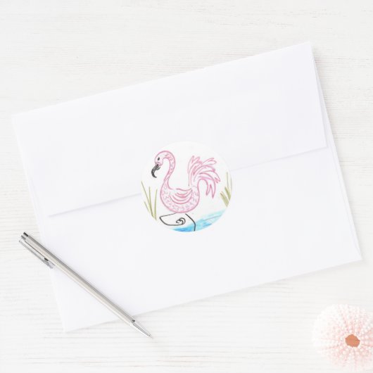 Roze Flamingo #13 Ronde Sticker (Envelop)