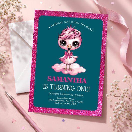 Roze Flamingo 1e Verjaardag Kaart