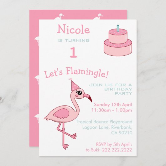 Roze flamingo 1e verjaardagsfeestje kaart (Voorkant / Achterkant)