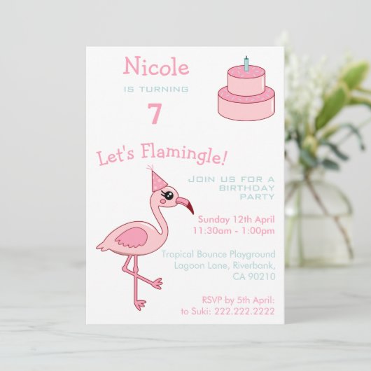 Roze Flamingo 7th Birthday Party Invitation Kaart (Staand voorkant)