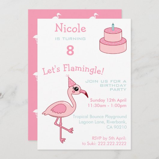 Roze Flamingo 8e verjaardag Uitnodiging (Voorkant / Achterkant)