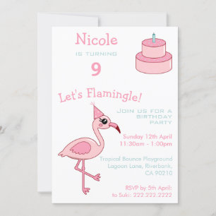Roze Flamingo 9th Birthday Party Invitation Kaart