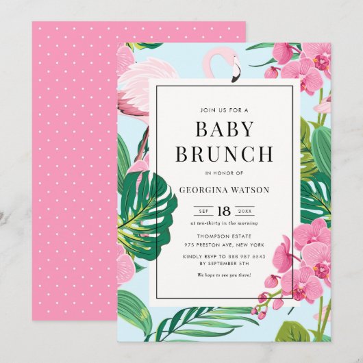 Roze Flamingo and Orchids Tropical Baby Brunch Kaart (Voorkant / Achterkant)