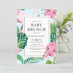 Roze Flamingo and Orchids Tropical Baby Brunch Kaart