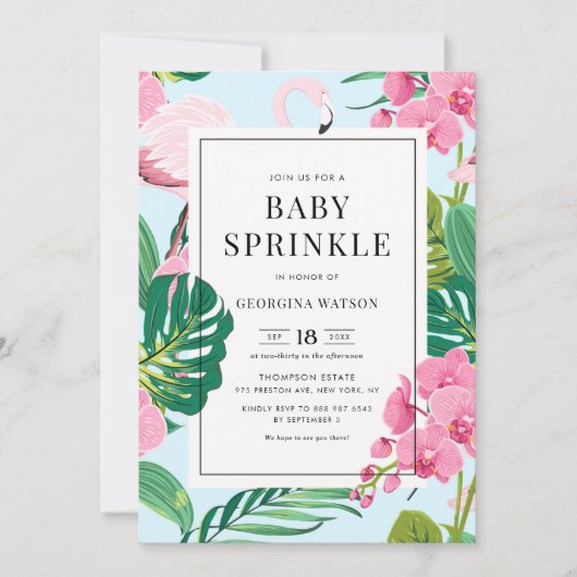 Roze Flamingo and Orchids Tropical Baby Sprinkle Kaart (Voorkant)
