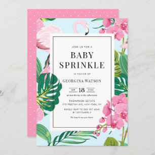 Roze Flamingo and Orchids Tropical Baby Sprinkle Kaart