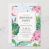 Roze Flamingo and Orchids Tropical Birthday Party Kaart (Voorkant)